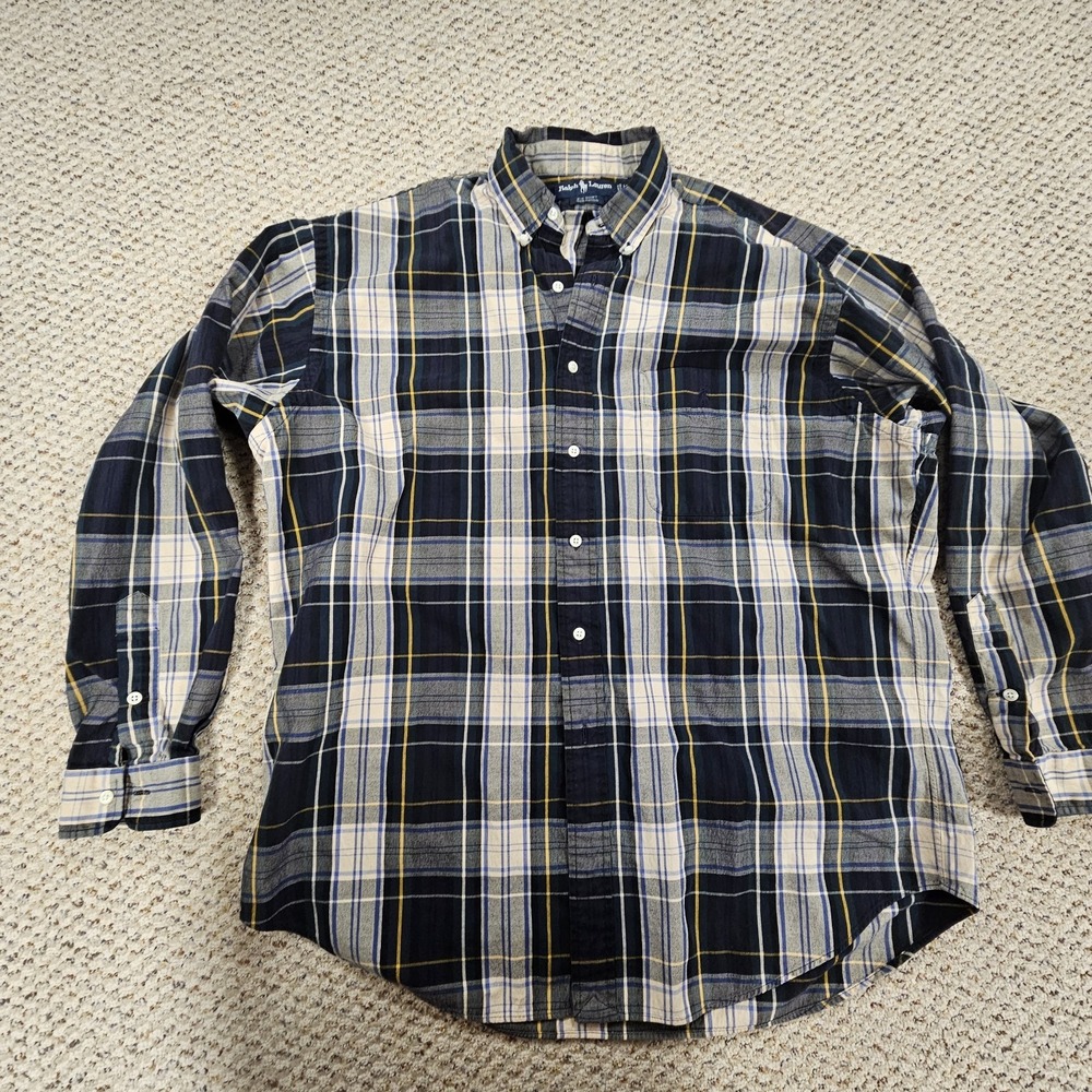 VTG Ralph Lauren Big Shirt Mens Large Button Blue Plaid‎ Baggy 90s Casual